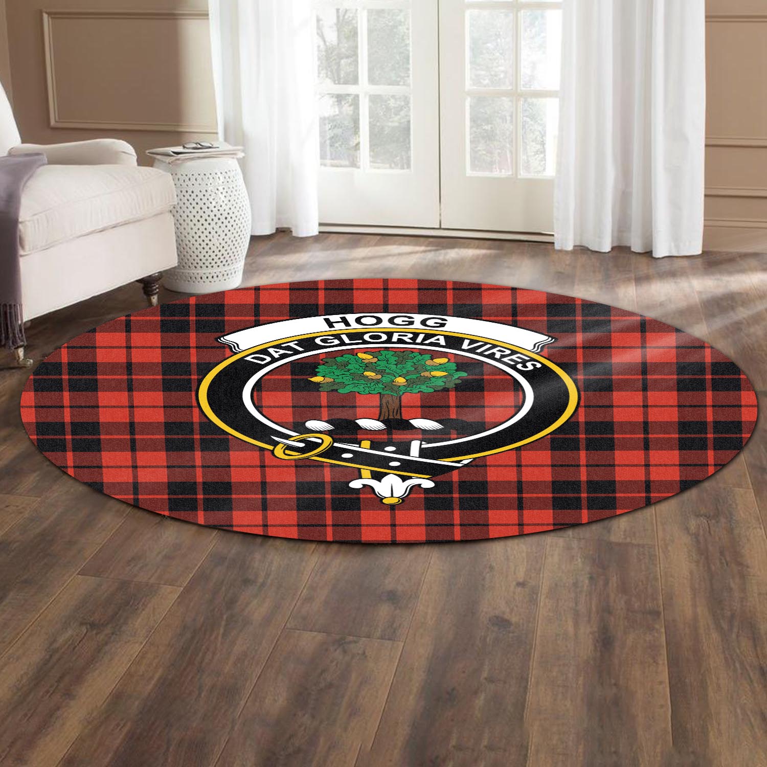 hogg-tartan-round-rug-with-family-crest