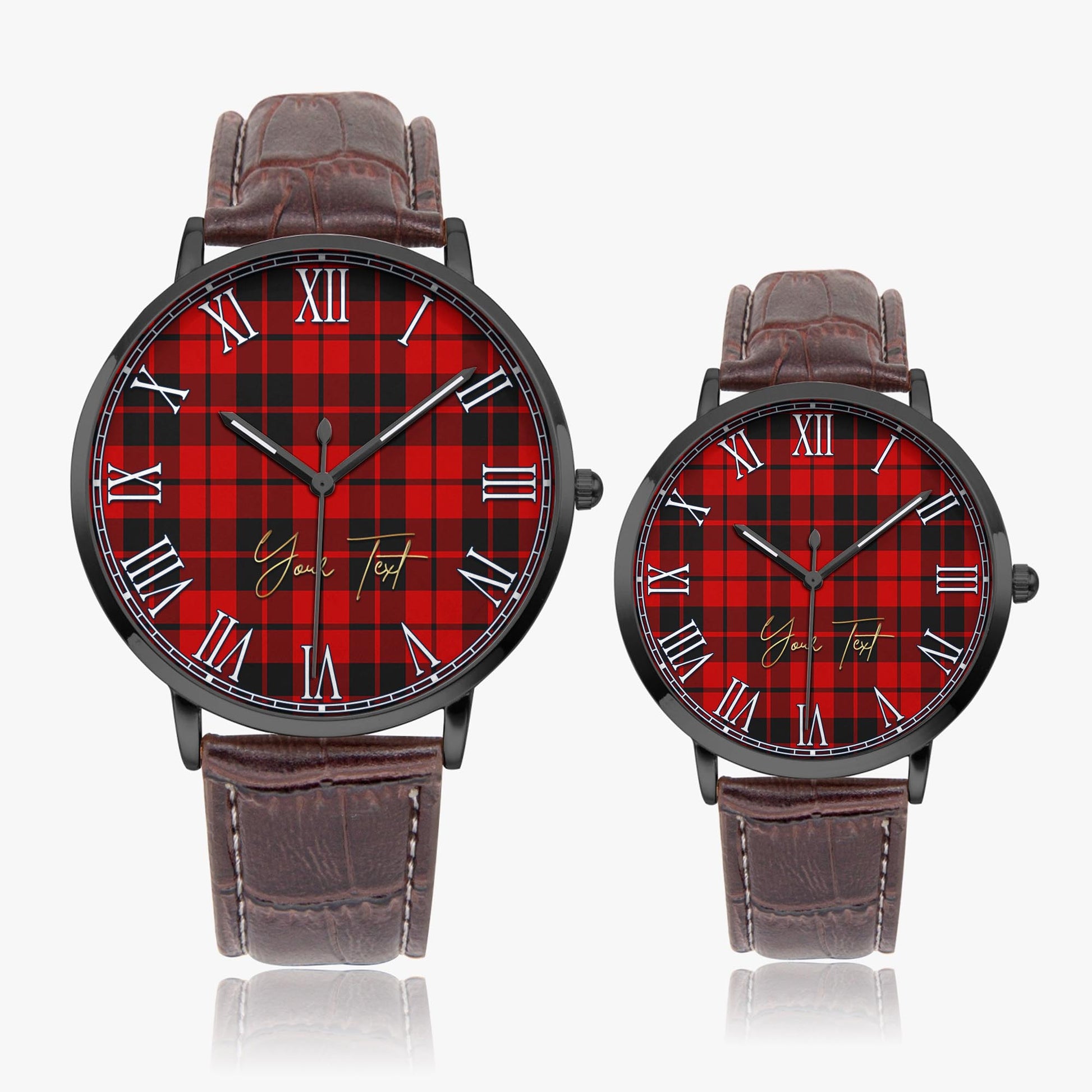 Hogg Tartan Personalized Your Text Leather Trap Quartz Watch Ultra Thin Black Case With Brown Leather Strap - Tartanvibesclothing