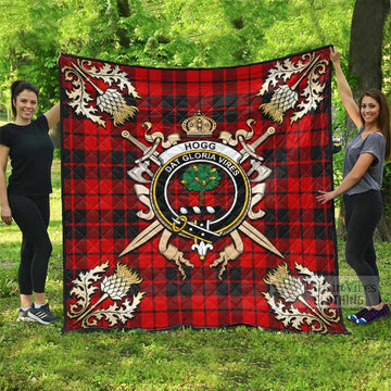 Hogg (Hog) Tartan Quilt with Family Crest and Golden Thistle Crossed Sword Design