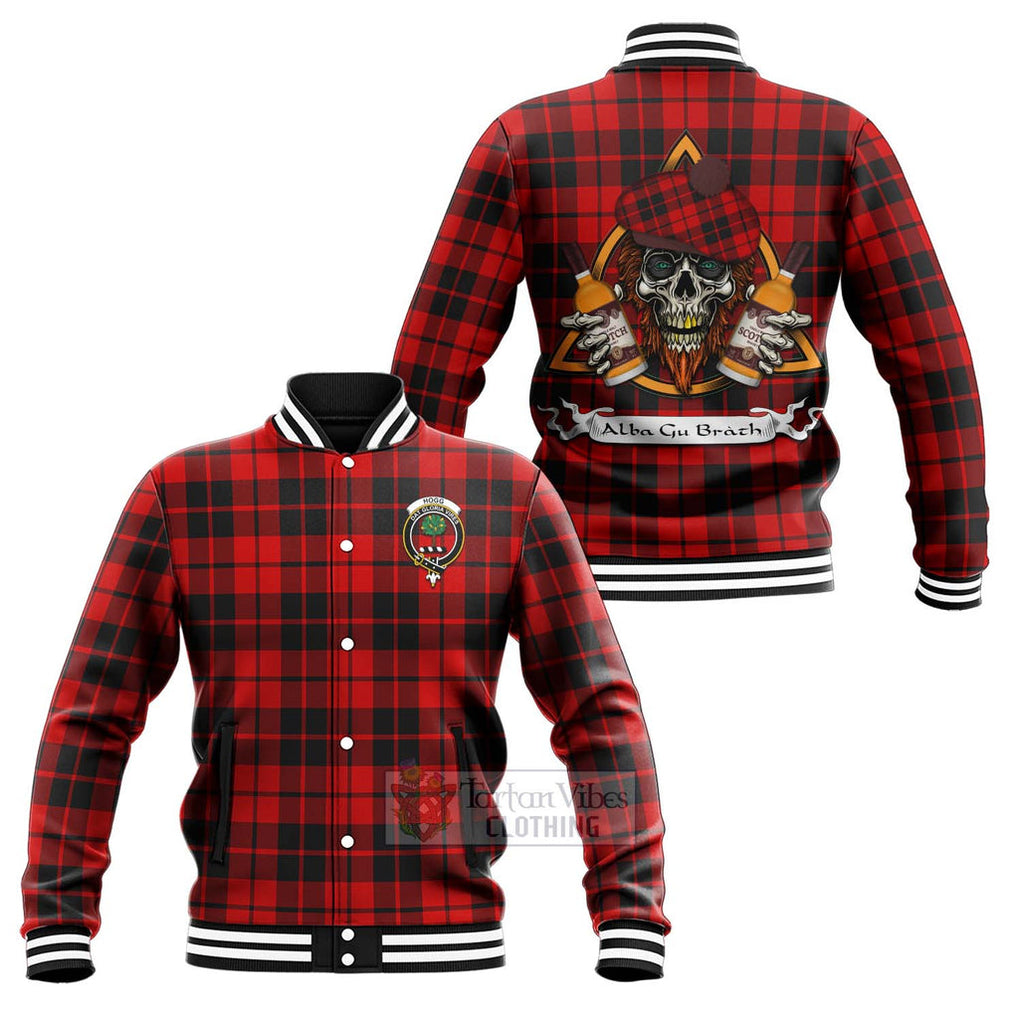 Tartan Vibes Clothing Hogg (Hog) Tartan Baseball Jacket with Family Crest and Bearded Skull Holding Bottles of Whiskey