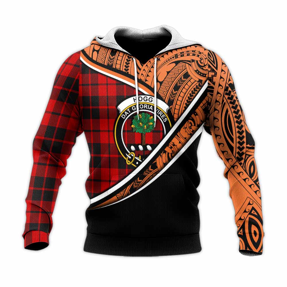 Tartan Vibes Clothing Hogg (Hog) Crest Tartan Knitted Hoodie with Maori Tattoo Style - Orange Version