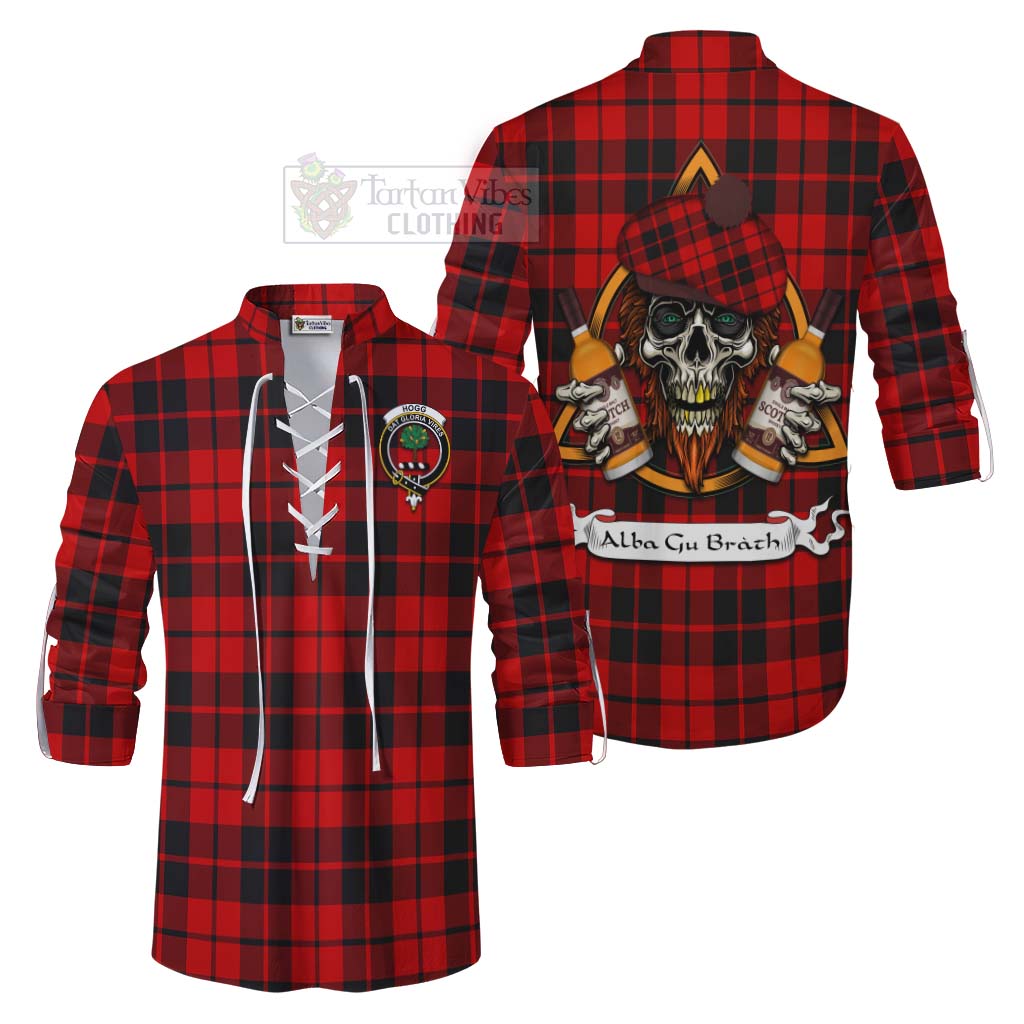 Tartan Vibes Clothing Hogg (Hog) Tartan Ghillie Kilt Shirt with Family Crest and Bearded Skull Holding Bottles of Whiskey