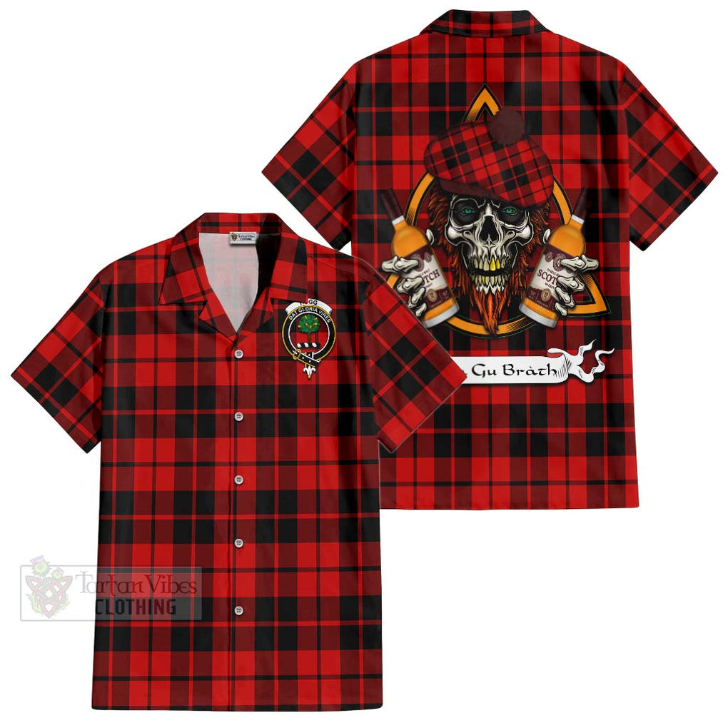 Tartan Vibes Clothing Hogg (Hog) Tartan Short Sleeve Button Shirt with Family Crest and Bearded Skull Holding Bottles of Whiskey