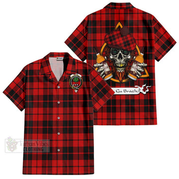 Hogg (Hog) Tartan Short Sleeve Button Shirt with Family Crest and Bearded Skull Holding Bottles of Whiskey