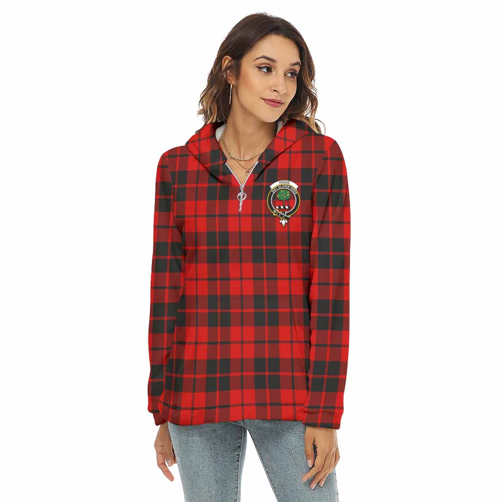 Hogg (Hog) Tartan Women's Borg Fleece Hoodie with Half Zip with Family Crest Female - Tartan Vibes Clothing