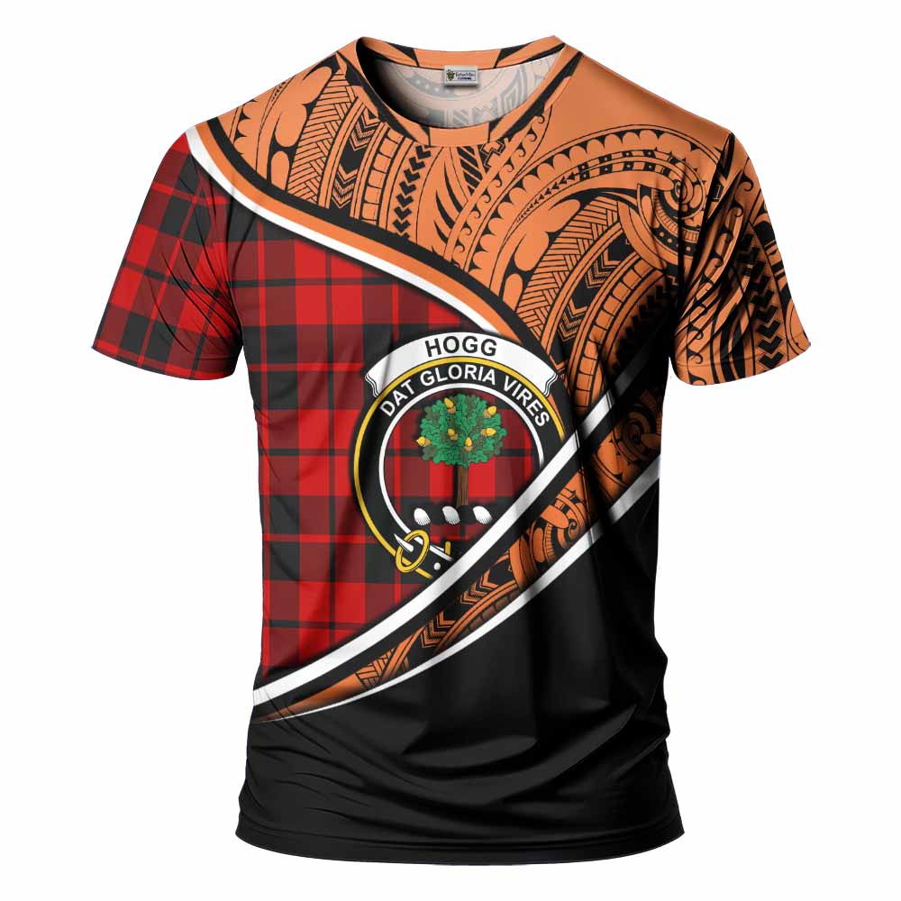 Tartan Vibes Clothing Hogg (Hog) Crest Tartan T-Shirt with Maori Tattoo Style - Orange Version