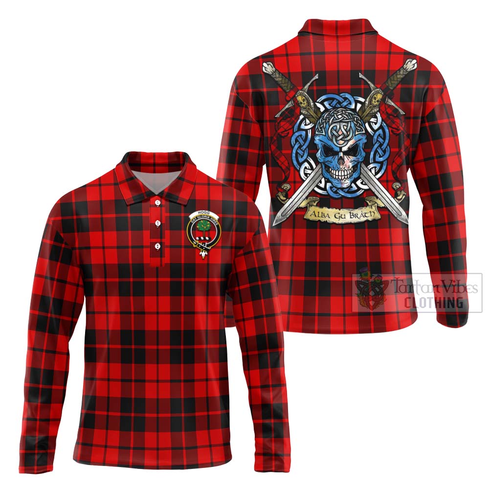 Tartan Vibes Clothing Hogg (Hog) Tartan Long Sleeve Polo Shirt with Family Crest Celtic Skull Style