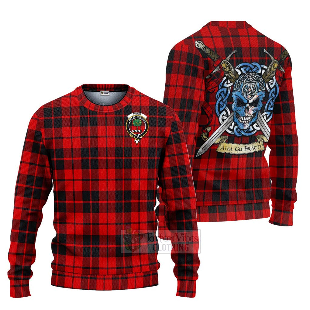 Tartan Vibes Clothing Hogg (Hog) Tartan Knitted Sweater with Family Crest Celtic Skull Style