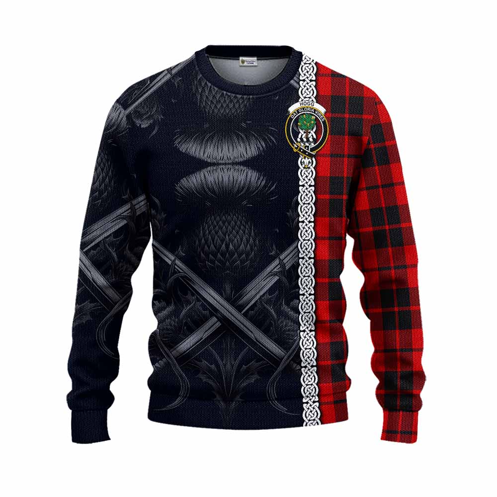 Tartan Vibes Clothing Hogg (Hog) Tartan Knitted Sweater with Family Crest Cross Sword Thistle Celtic Vibes