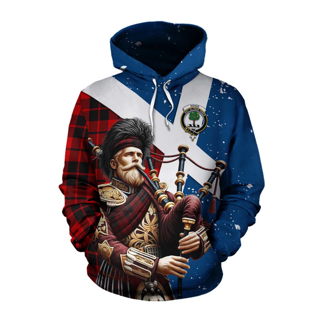 Tartan Vibes Clothing Hogg (Hog) Tartan Cotton Hoodie with Family Crest Scottish Bagpiper Vibes