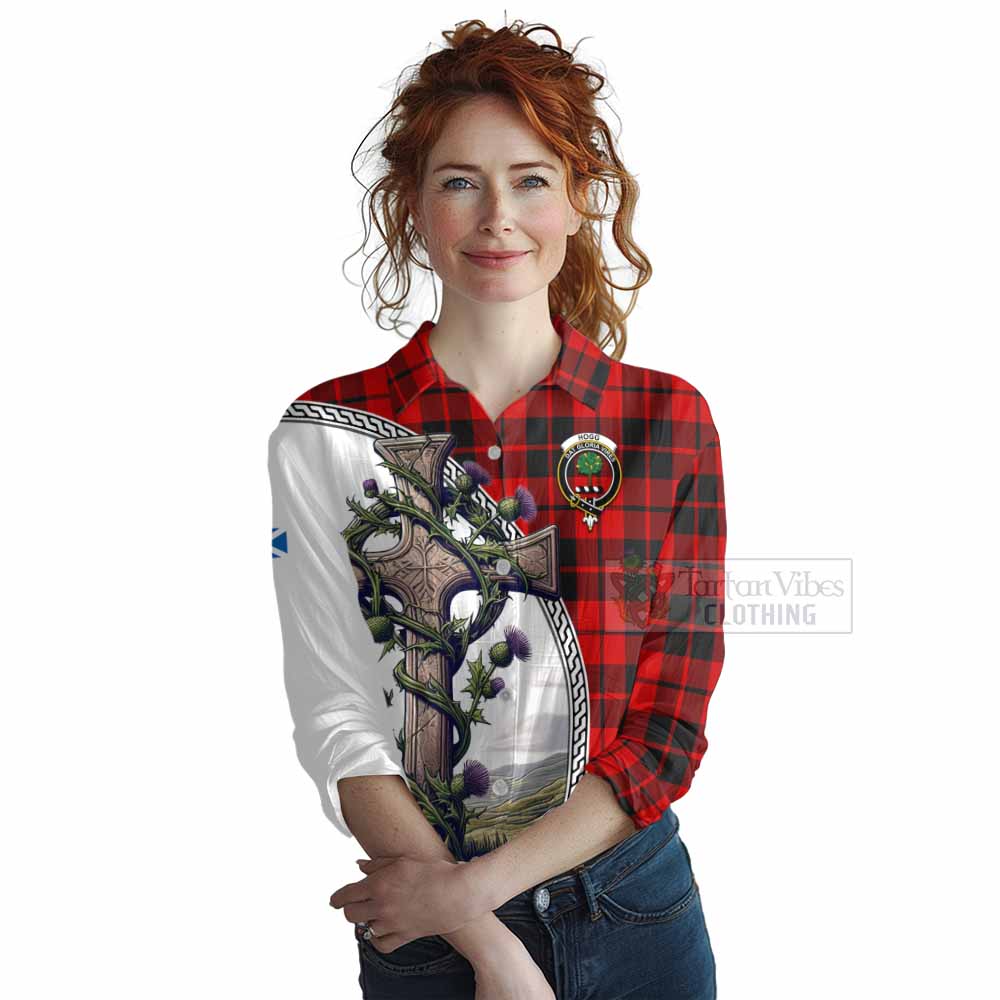 Tartan Vibes Clothing Hogg (Hog) Tartan Women's Casual Shirt with Family Crest and St. Andrew's Cross Accented by Thistle Vines