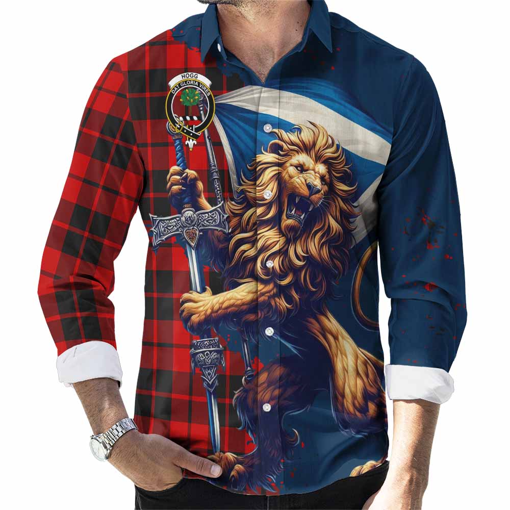 Tartan Vibes Clothing Hogg (Hog) Tartan Family Crest Long Sleeve Button Shirt with Scottish Majestic Lion