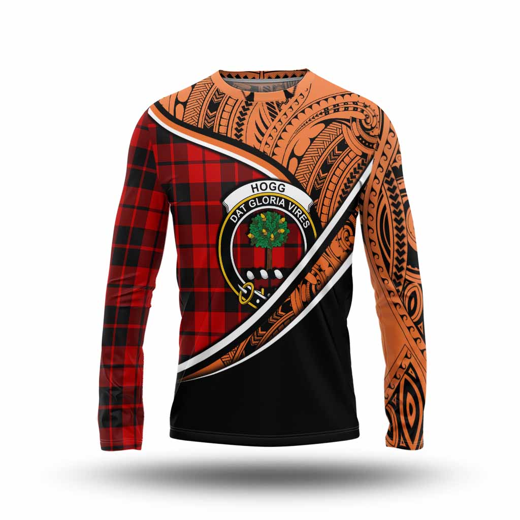 Tartan Vibes Clothing Hogg (Hog) Crest Tartan Long Sleeve T-Shirt with Maori Tattoo Style - Orange Version