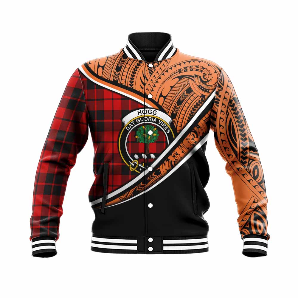 Tartan Vibes Clothing Hogg (Hog) Crest Tartan Baseball Jacket with Maori Tattoo Style - Orange Version