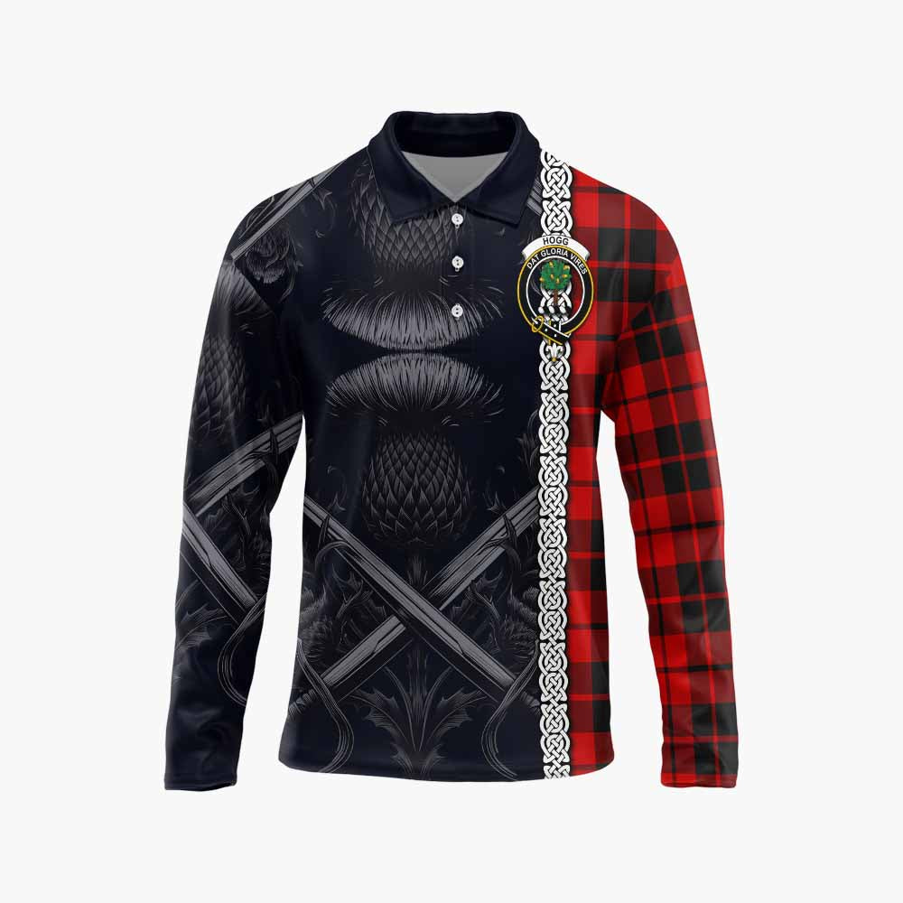 Tartan Vibes Clothing Hogg (Hog) Tartan Long Sleeve Polo Shirt with Family Crest Cross Sword Thistle Celtic Vibes