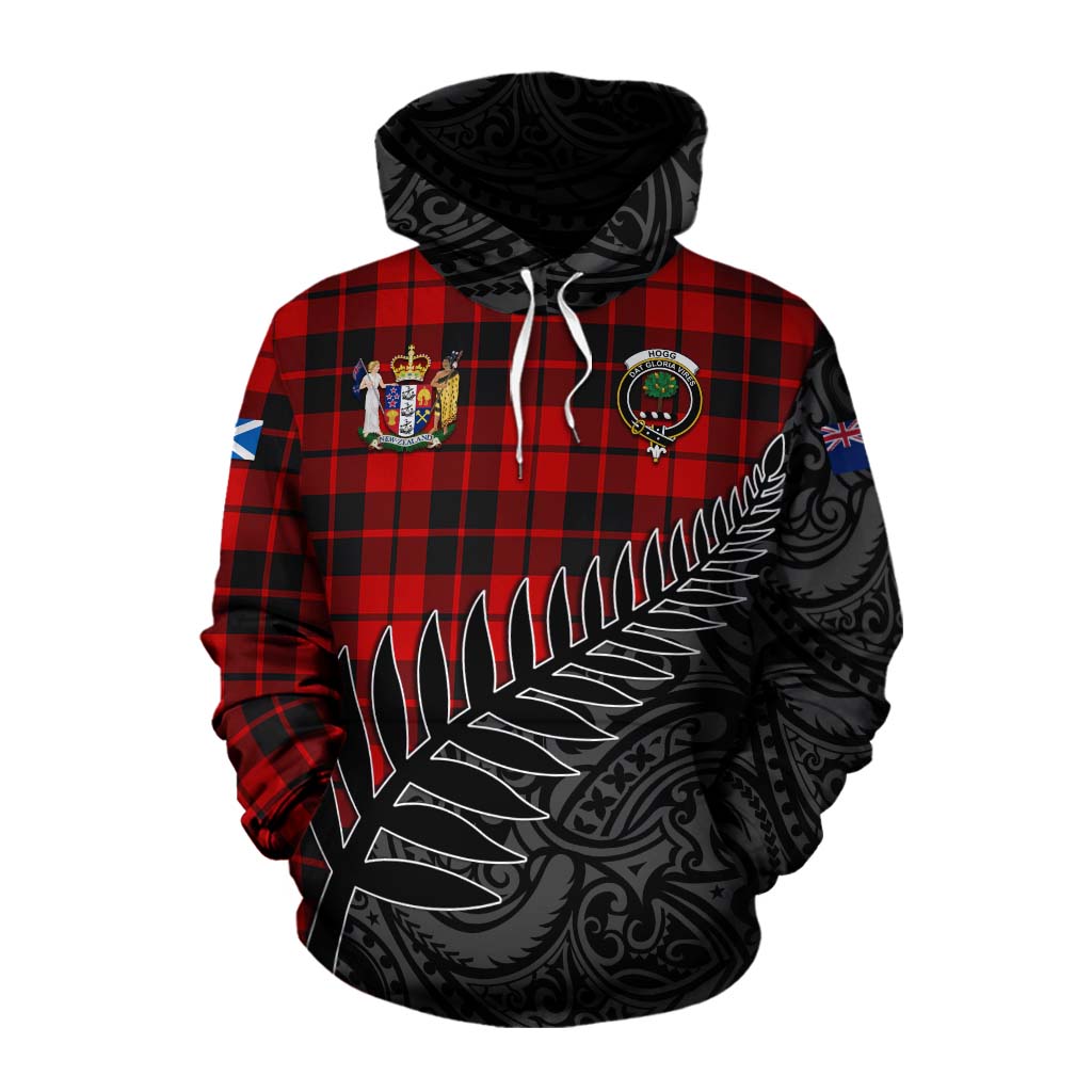 Tartan Vibes Clothing Hogg (Hog) Crest Tartan Cotton Hoodie with New Zealand Silver Fern Half Style