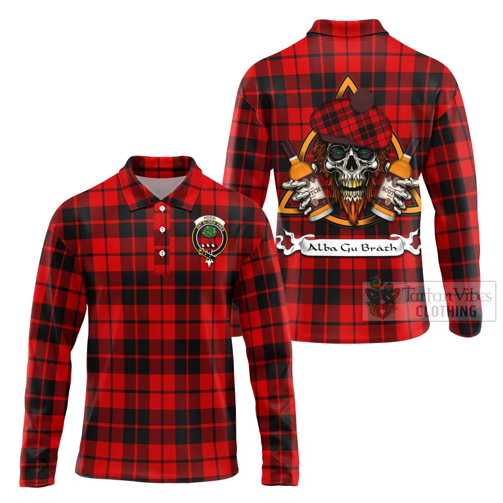 Tartan Vibes Clothing Hogg (Hog) Tartan Long Sleeve Polo Shirt with Family Crest and Bearded Skull Holding Bottles of Whiskey