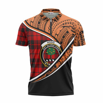 Hogg (Hog) Crest Tartan Zipper Polo Shirt with Polynesian Vibes Style - Orange Version