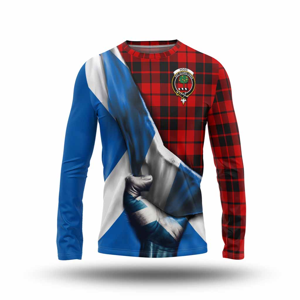 Tartan Vibes Clothing Hogg (Hog) Tartan Long Sleeve T-Shirt with Family Crest Scotland Patriotic Style