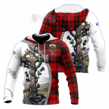 Hogg (Hog) Tartan Knitted Hoodie with Family Crest and St. Andrew's Cross Accented by Thistle Vines