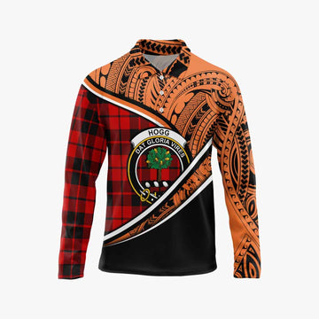 Hogg (Hog) Crest Tartan Long Sleeve Polo Shirt with Polynesian Vibes Style - Orange Version