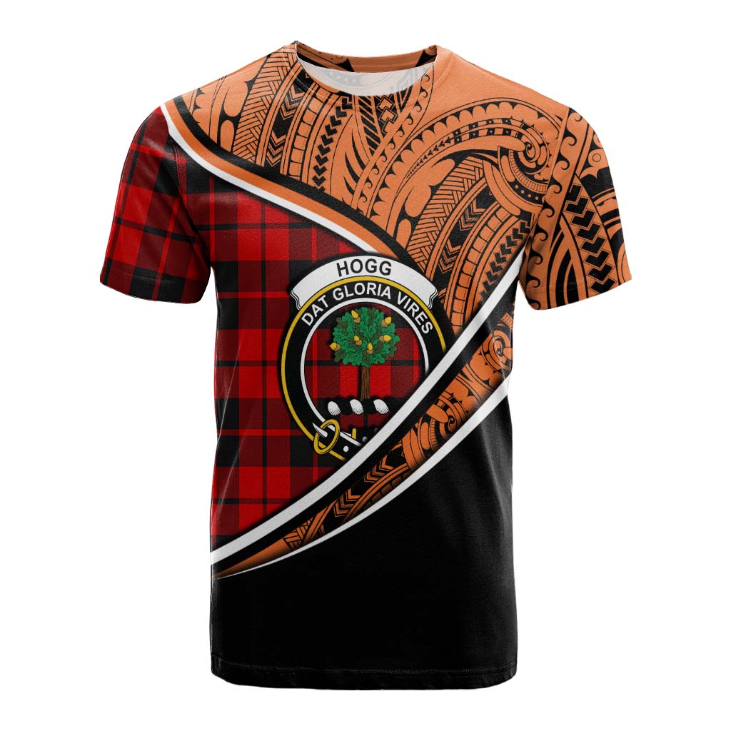 Tartan Vibes Clothing Hogg (Hog) Crest Tartan Cotton T-shirt with Maori Tattoo Style - Orange Version