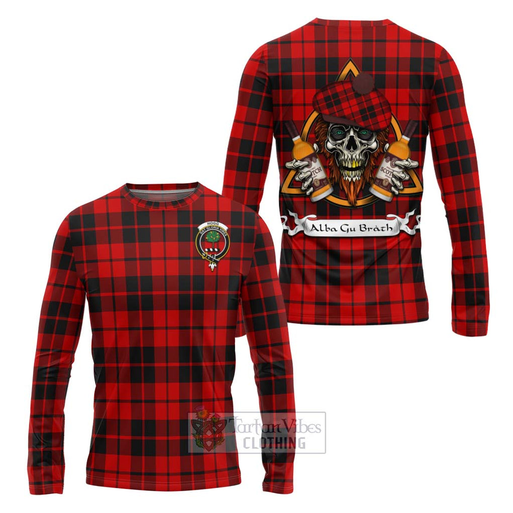 Tartan Vibes Clothing Hogg (Hog) Tartan Long Sleeve T-Shirt with Family Crest and Bearded Skull Holding Bottles of Whiskey