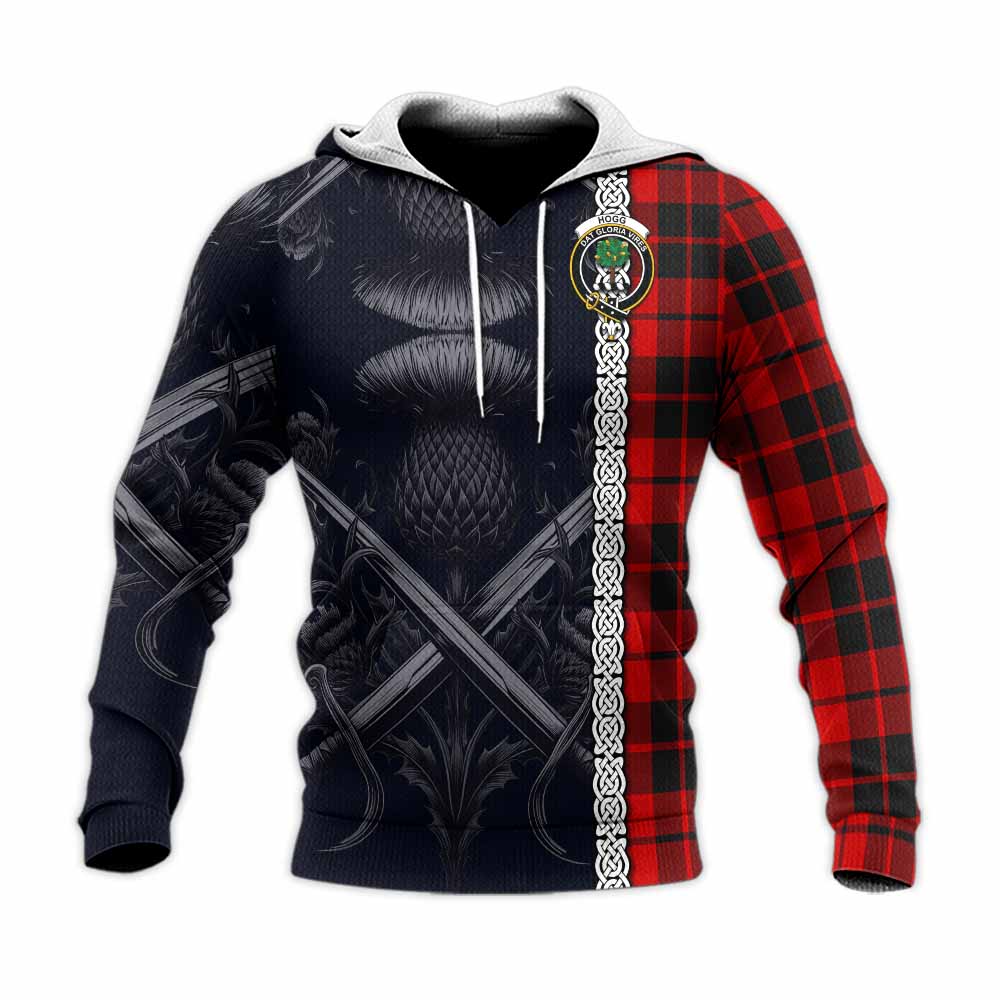 Tartan Vibes Clothing Hogg (Hog) Tartan Knitted Hoodie with Family Crest Cross Sword Thistle Celtic Vibes