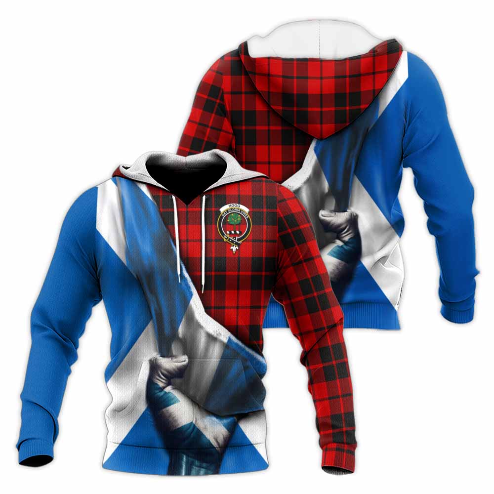 Tartan Vibes Clothing Hogg (Hog) Tartan Knitted Hoodie with Family Crest Scotland Patriotic Style