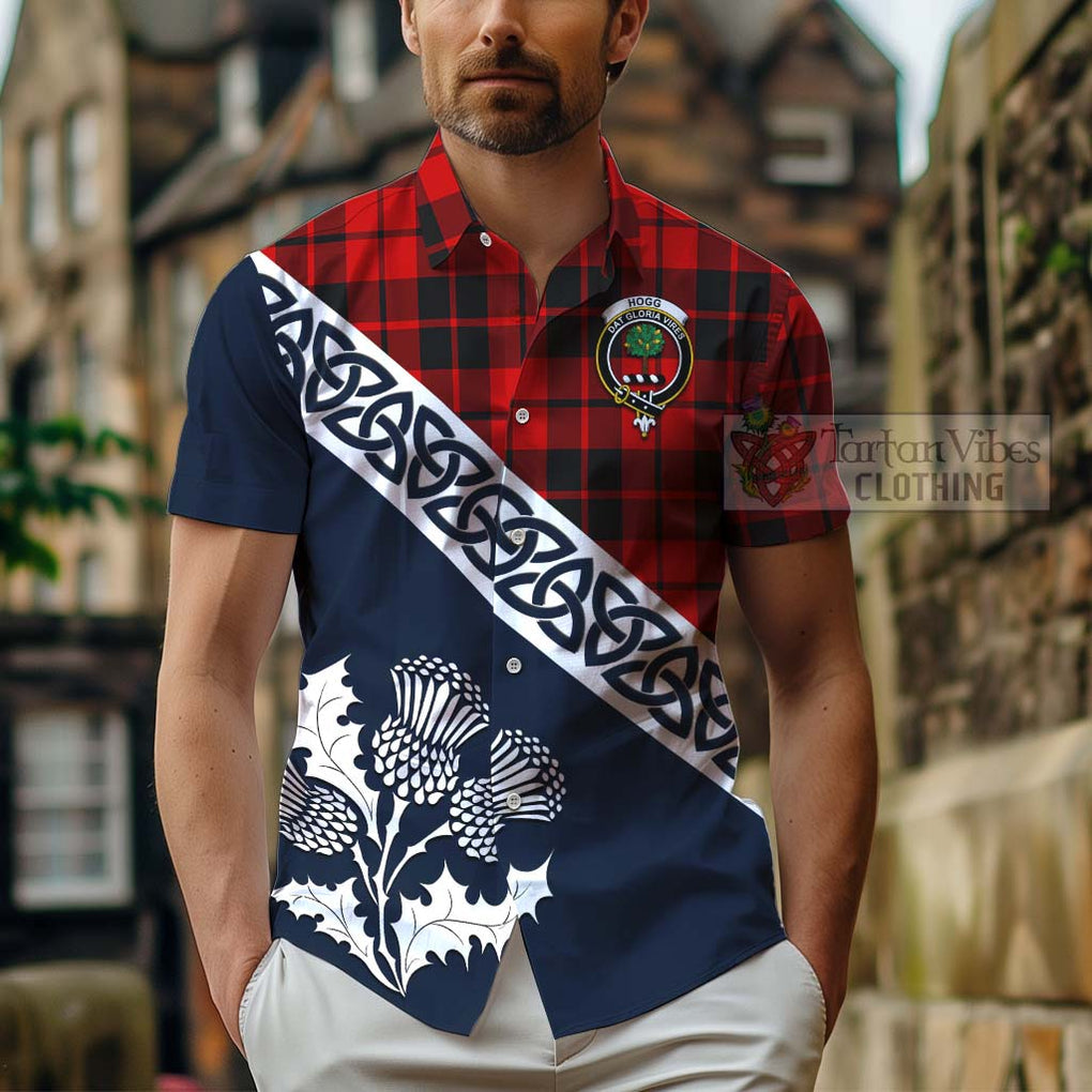 Tartan Vibes Clothing Hogg (Hog) Tartan Short Sleeve Button Shirt Featuring Thistle and Scotland Map