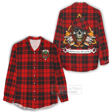 Hogg (Hog) Tartan Women's Casual Shirt with Family Crest and Bearded Skull Holding Bottles of Whiskey