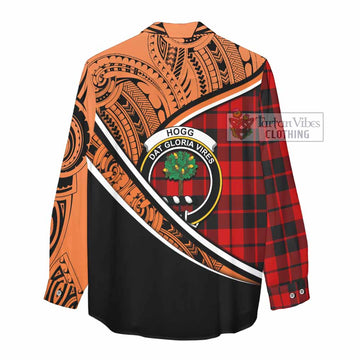 Hogg (Hog) Crest Tartan Women's Casual Shirt with Polynesian Vibes Style - Orange Version