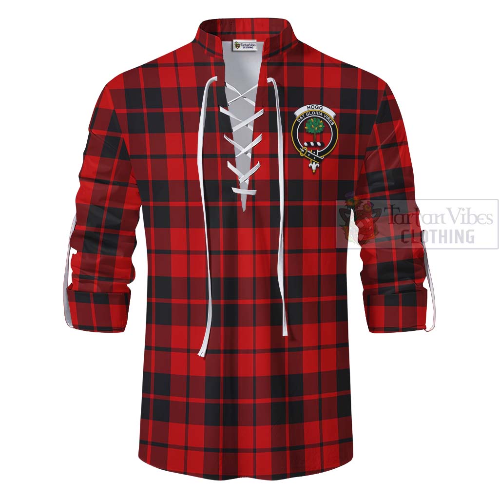 Tartan Vibes Clothing Hogg (Hog) Tartan Ghillie Kilt Shirt with Family Crest and Bearded Skull Holding Bottles of Whiskey