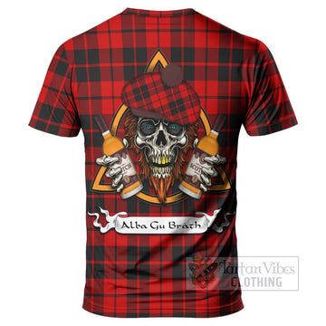 Hogg (Hog) Tartan T-Shirt with Family Crest and Bearded Skull Holding Bottles of Whiskey