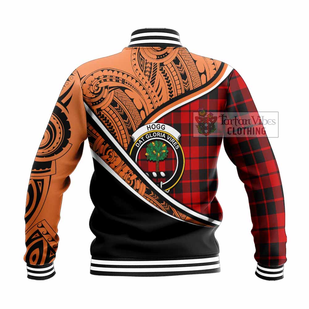 Tartan Vibes Clothing Hogg (Hog) Crest Tartan Baseball Jacket with Maori Tattoo Style - Orange Version