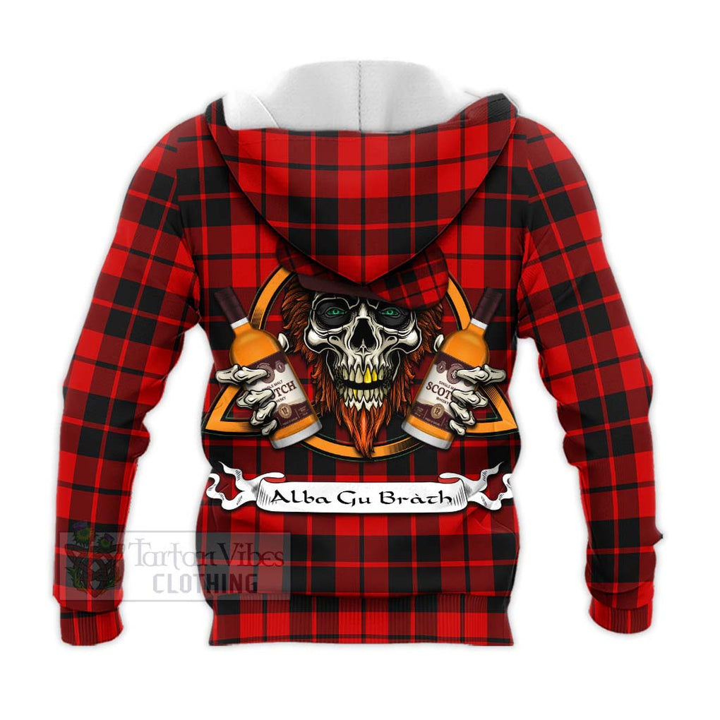 Tartan Vibes Clothing Hogg (Hog) Tartan Knitted Hoodie with Family Crest and Bearded Skull Holding Bottles of Whiskey