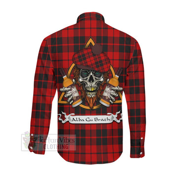 Hogg (Hog) Tartan Long Sleeve Button Shirt with Family Crest and Bearded Skull Holding Bottles of Whiskey