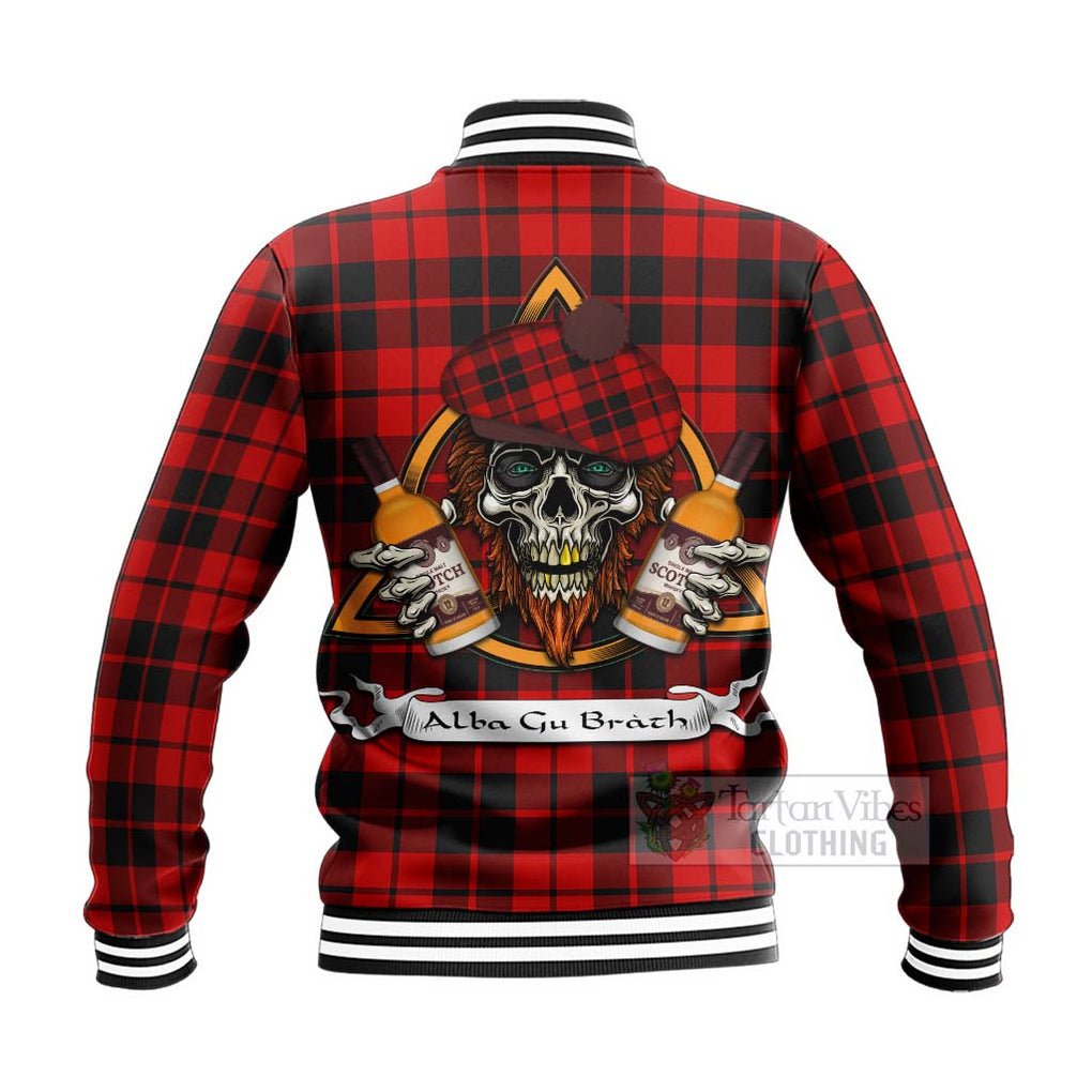 Tartan Vibes Clothing Hogg (Hog) Tartan Baseball Jacket with Family Crest and Bearded Skull Holding Bottles of Whiskey