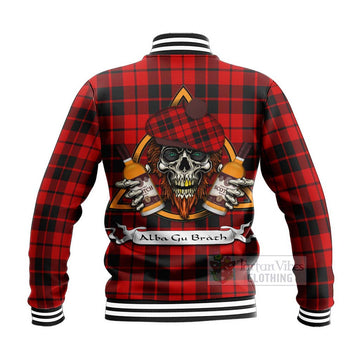 Hogg (Hog) Tartan Baseball Jacket with Family Crest and Bearded Skull Holding Bottles of Whiskey