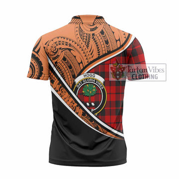 Hogg (Hog) Crest Tartan Zipper Polo Shirt with Polynesian Vibes Style - Orange Version