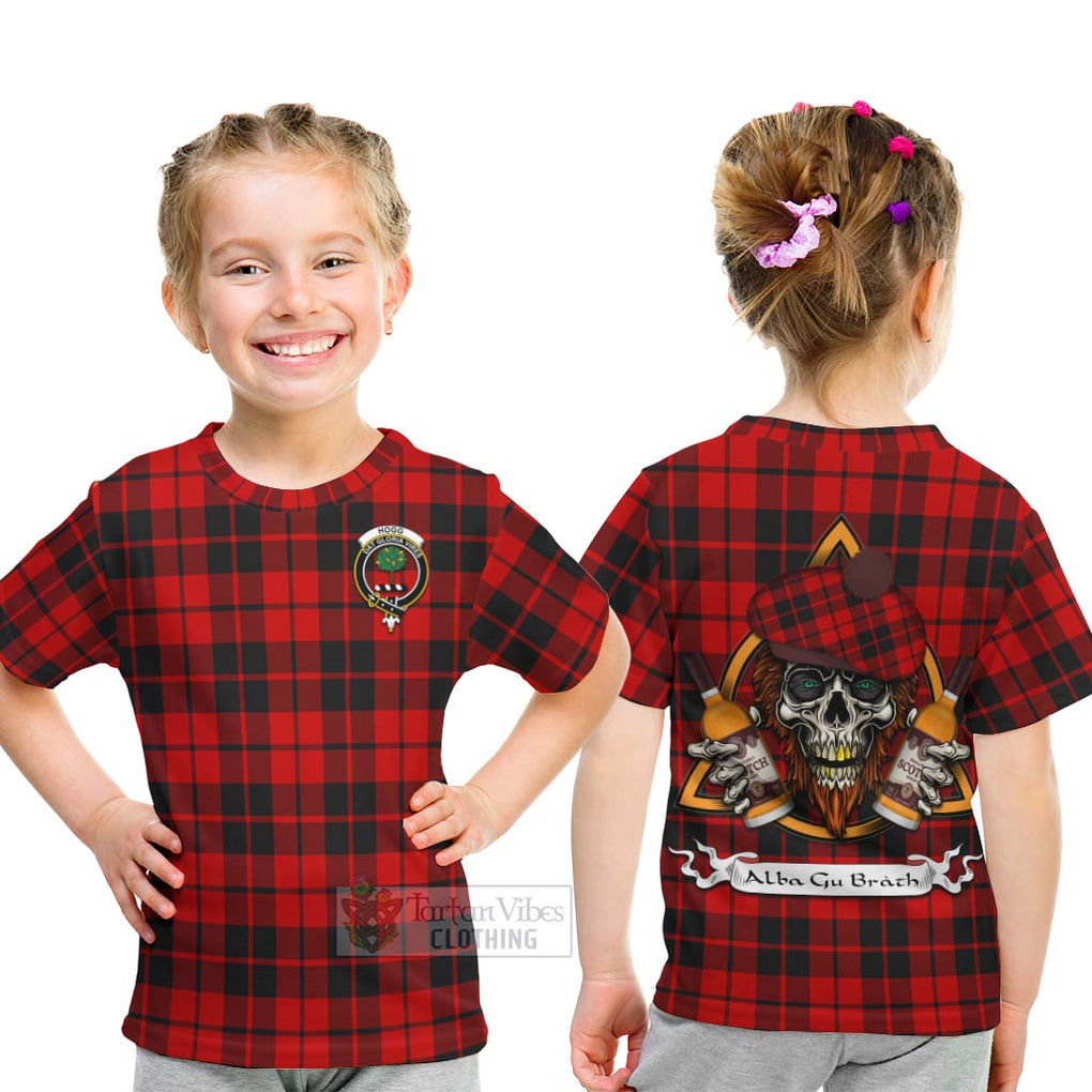 Tartan Vibes Clothing Hogg (Hog) Tartan Kid T-Shirt with Family Crest and Bearded Skull Holding Bottles of Whiskey