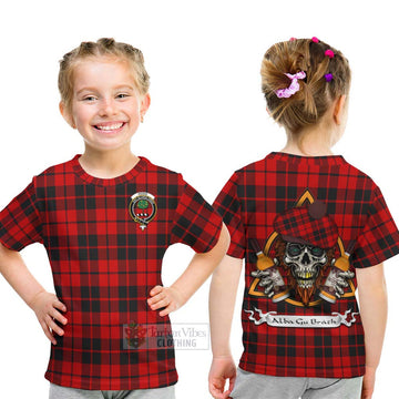 Hogg (Hog) Tartan Kid T-Shirt with Family Crest and Bearded Skull Holding Bottles of Whiskey