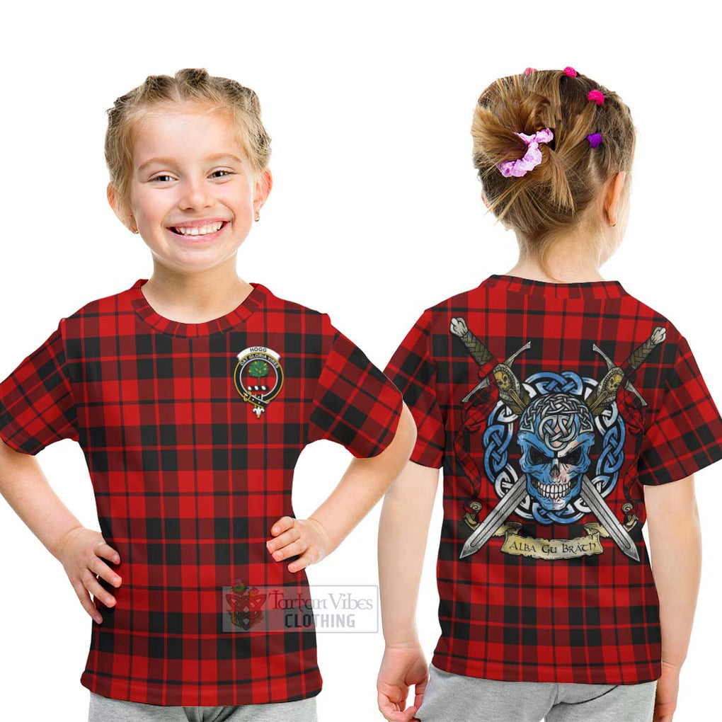 Tartan Vibes Clothing Hogg (Hog) Tartan Kid T-Shirt with Family Crest Celtic Skull Style