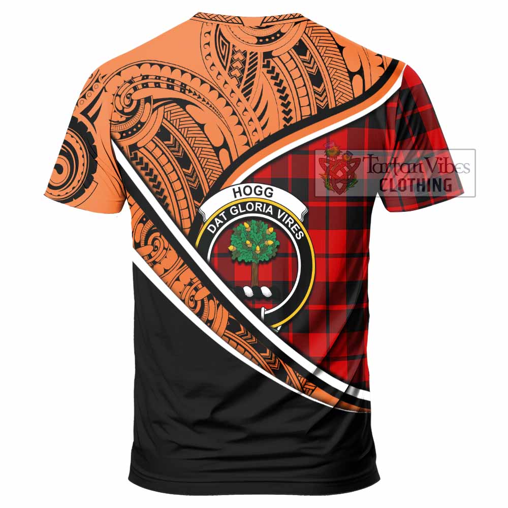 Tartan Vibes Clothing Hogg (Hog) Crest Tartan T-Shirt with Maori Tattoo Style - Orange Version