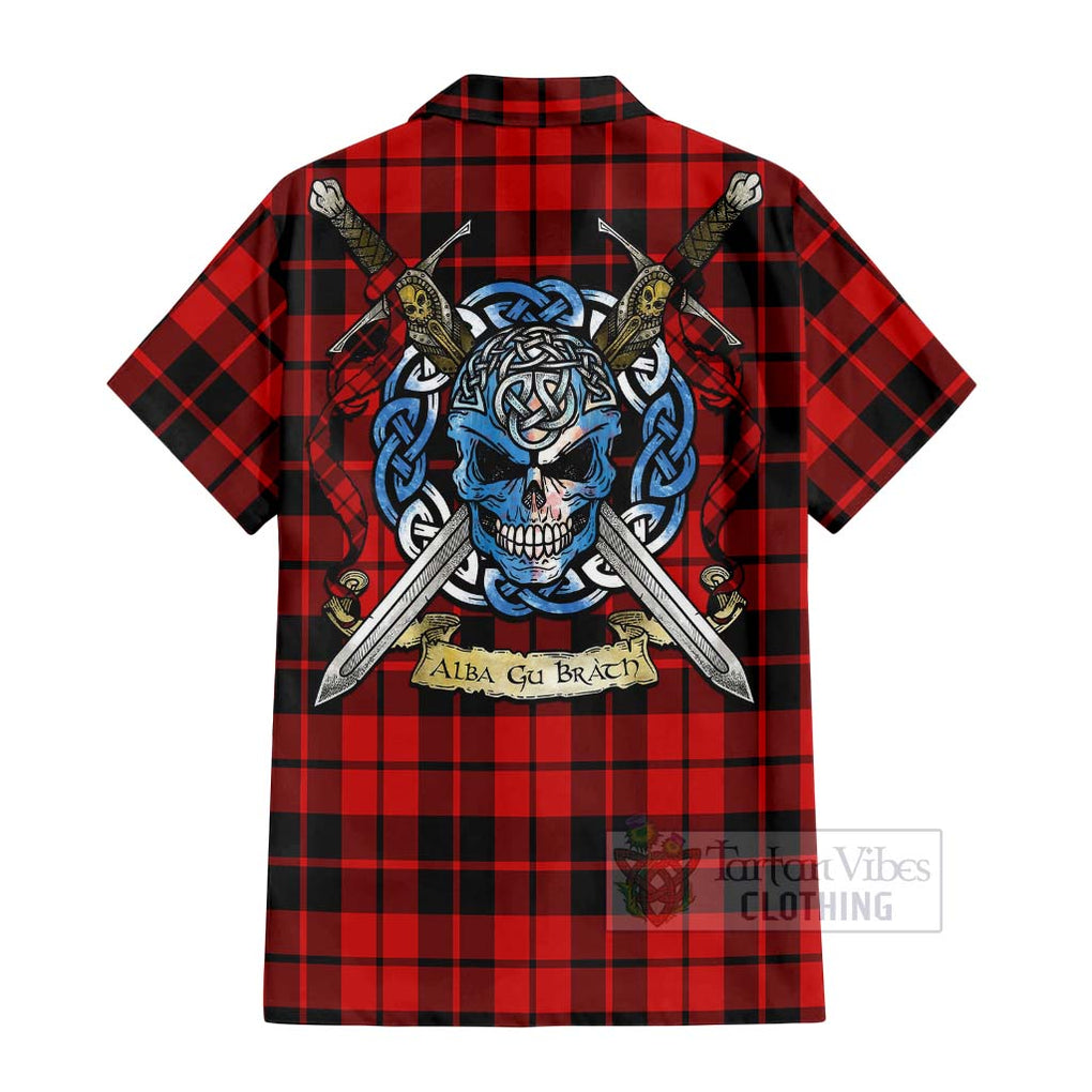 Tartan Vibes Clothing Hogg (Hog) Tartan Short Sleeve Button Shirt with Family Crest Celtic Skull Style