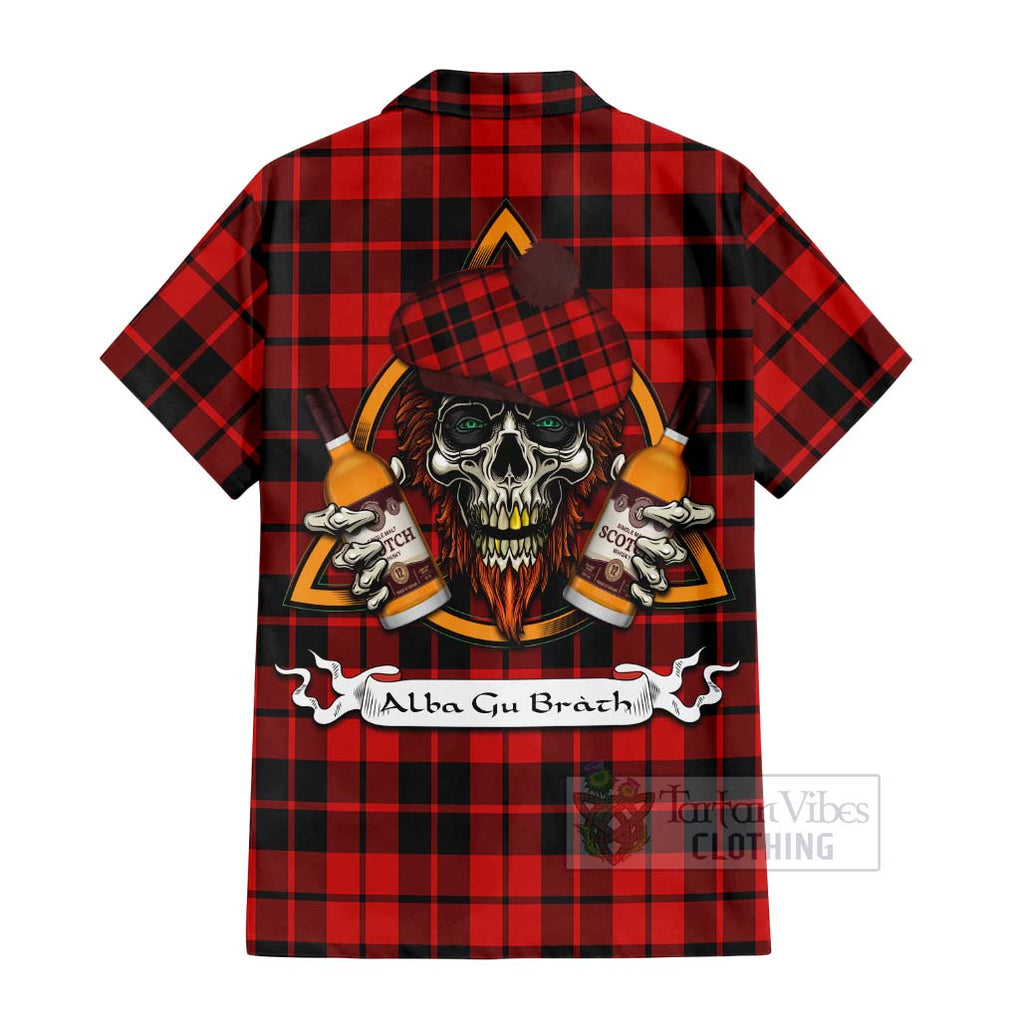 Tartan Vibes Clothing Hogg (Hog) Tartan Short Sleeve Button Shirt with Family Crest and Bearded Skull Holding Bottles of Whiskey