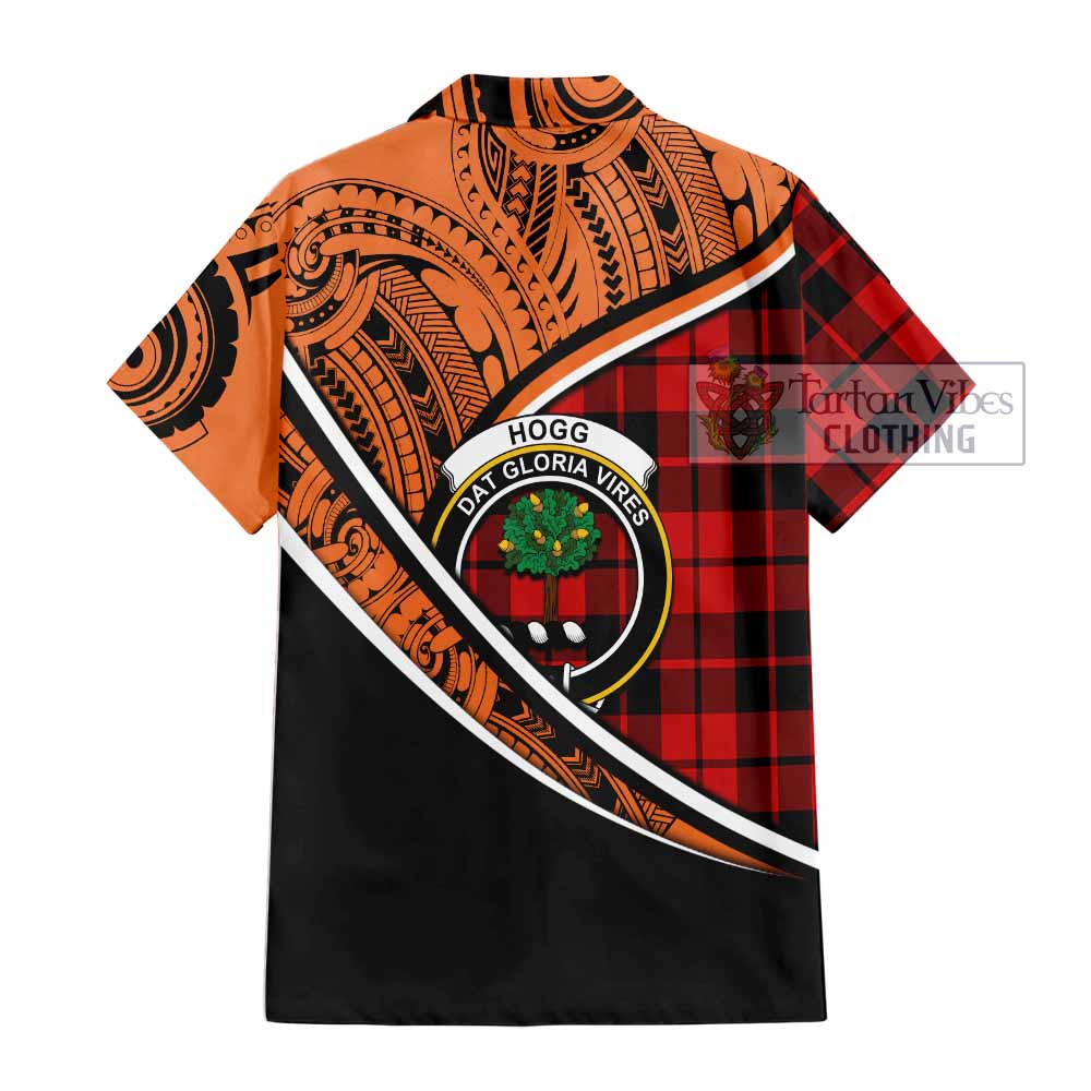 Tartan Vibes Clothing Hogg (Hog) Crest Tartan Short Sleeve Button Shirt with Maori Tattoo Style - Orange Version