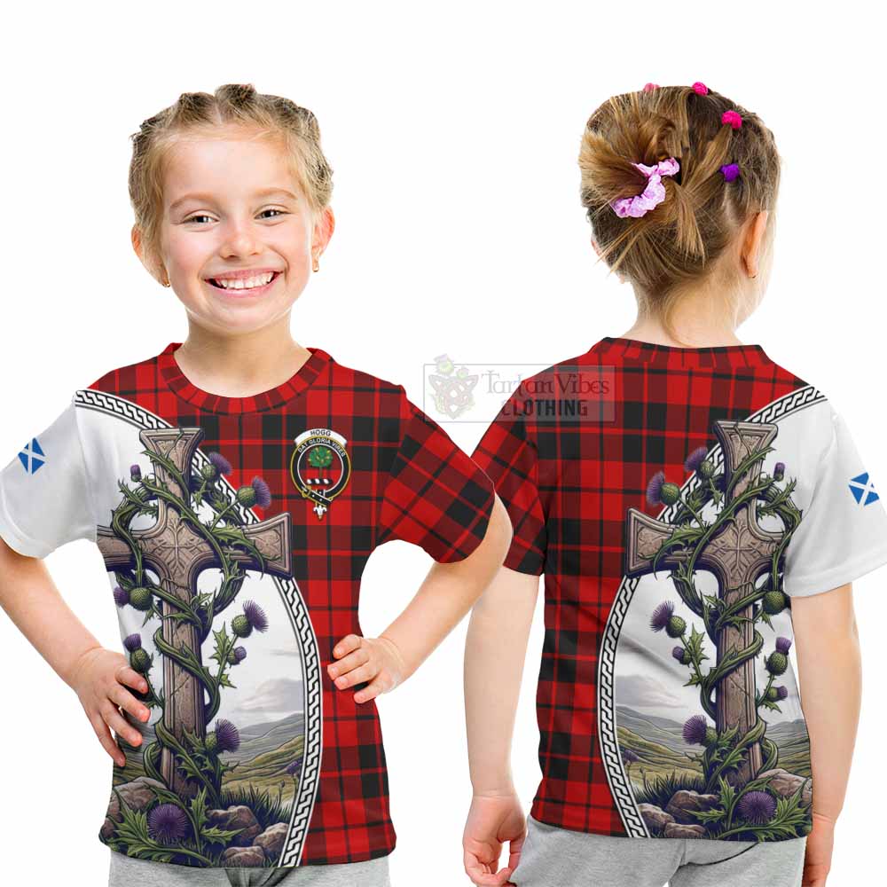 Tartan Vibes Clothing Hogg (Hog) Tartan Kid T-Shirt with Family Crest and St. Andrew's Cross Accented by Thistle Vines