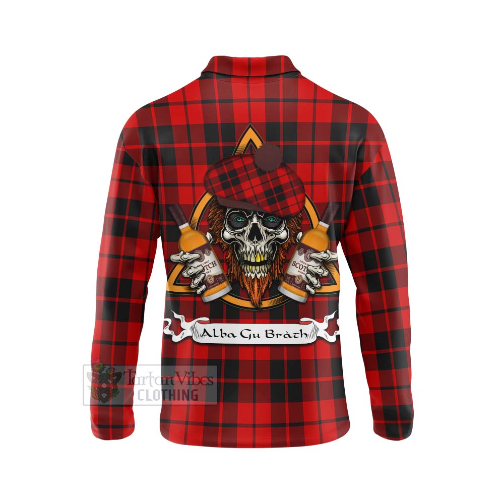 Tartan Vibes Clothing Hogg (Hog) Tartan Long Sleeve Polo Shirt with Family Crest and Bearded Skull Holding Bottles of Whiskey