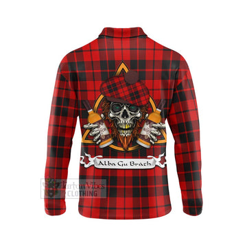 Hogg (Hog) Tartan Long Sleeve Polo Shirt with Family Crest and Bearded Skull Holding Bottles of Whiskey